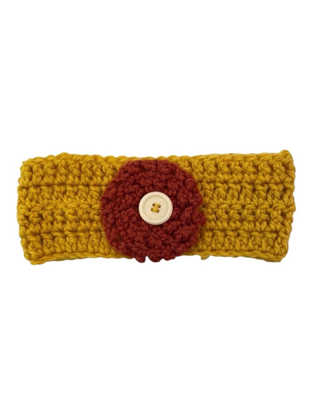 Handcrafted Yellow Crochet Headband With Red Flower & Button Accent